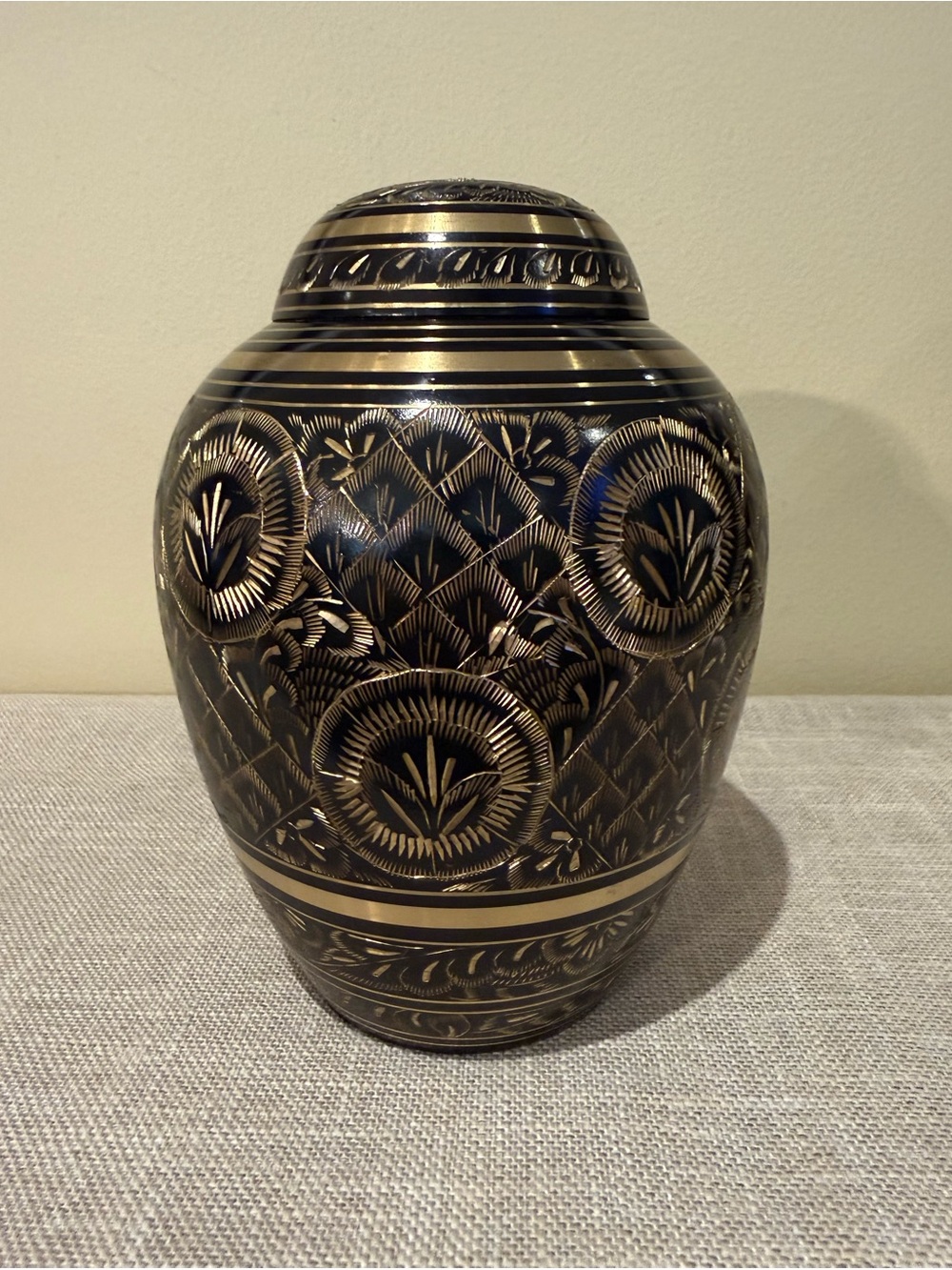 Radiance Black and Gold Etched Brass Decorative Urn / Memorial Jar